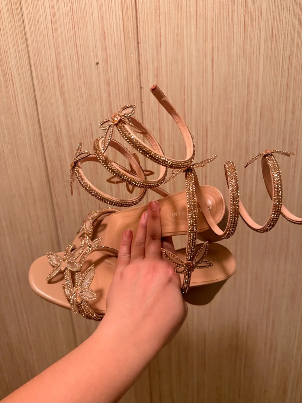 Embellished Spiral-Strap Heeled Sandals — Rose Gold